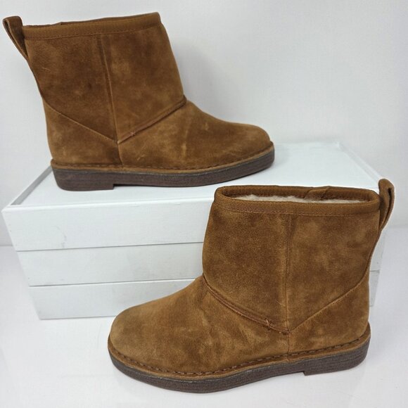 Clarks Shoes - Clarks Womens 6 Boots Winter Suede Faux Fur Short Cognac Brown Drafty Day Comfy